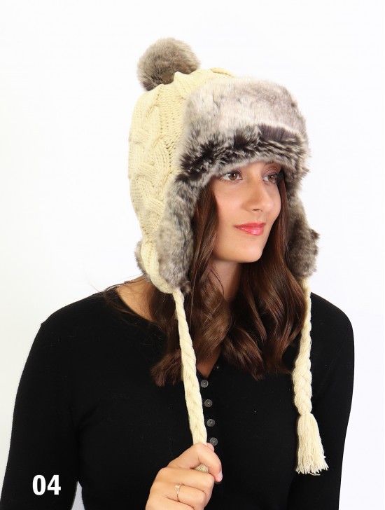 Warm Fur Cable Knitted Hat W/ Ear Flaps & Cable Tassels